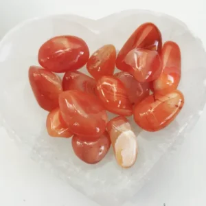 Pierres cornalines présentées dans une coupelle en forme de coeur